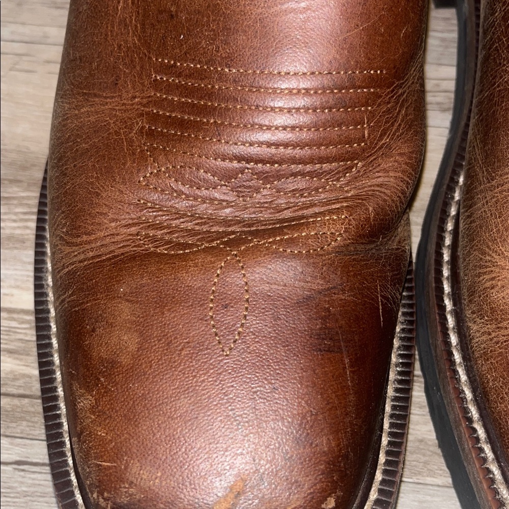 Justin Boots Brown Leather Cowboy Boots with Multi-color Stitching, see toe pic - Picture 6 of 15